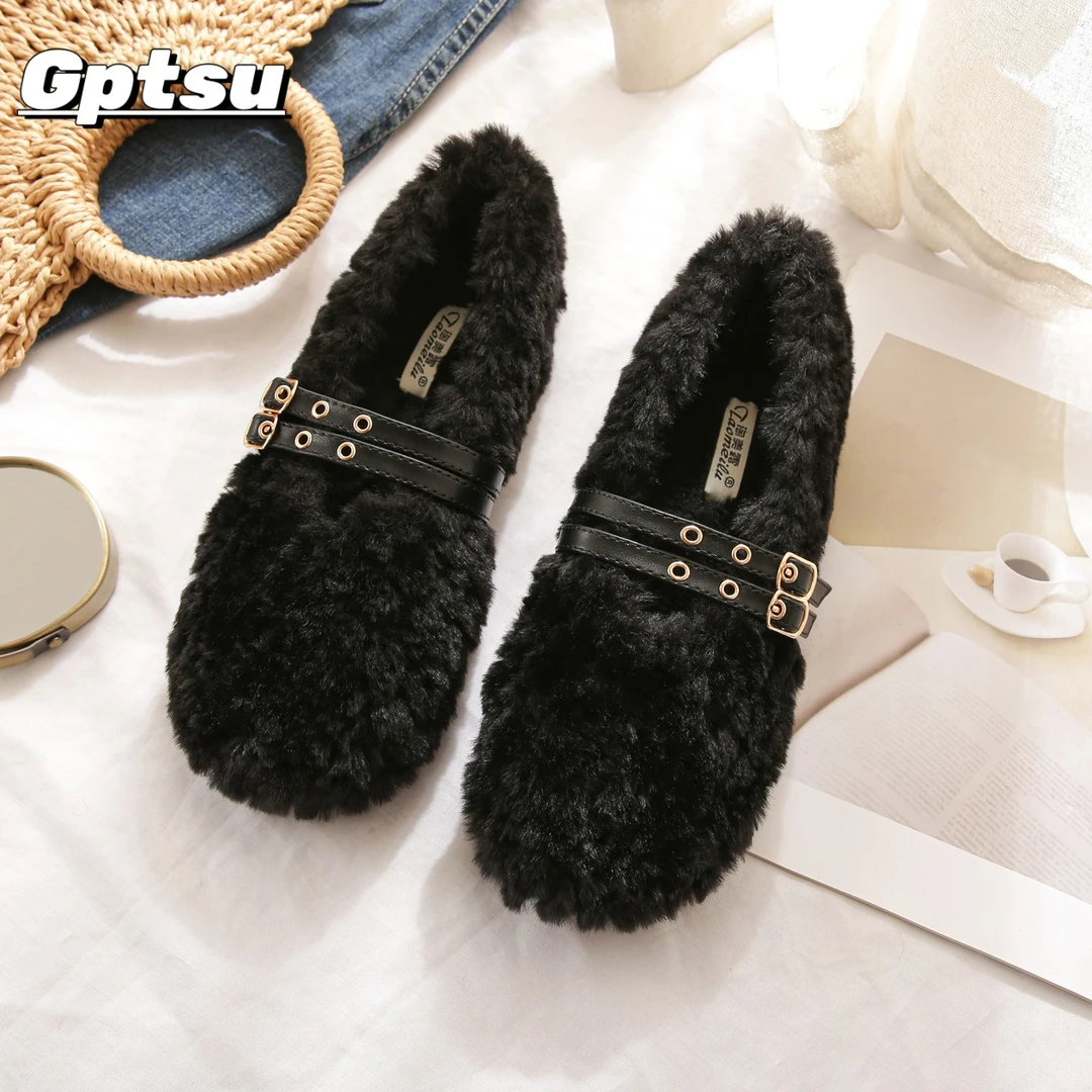 GPTSu厚底毛毛鞋女秋冬外穿新款加绒豆豆鞋一脚蹬棉瓢鞋大码女鞋