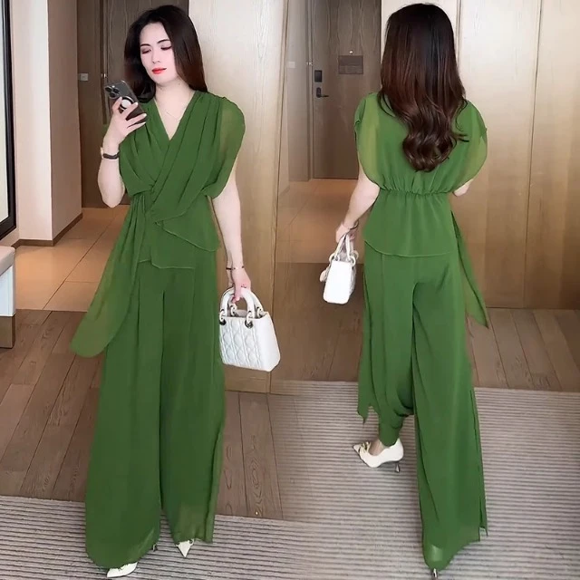 雪纺时尚套装女夏季新款洋气质收腰显瘦V领短袖高腰阔腿裤两件套