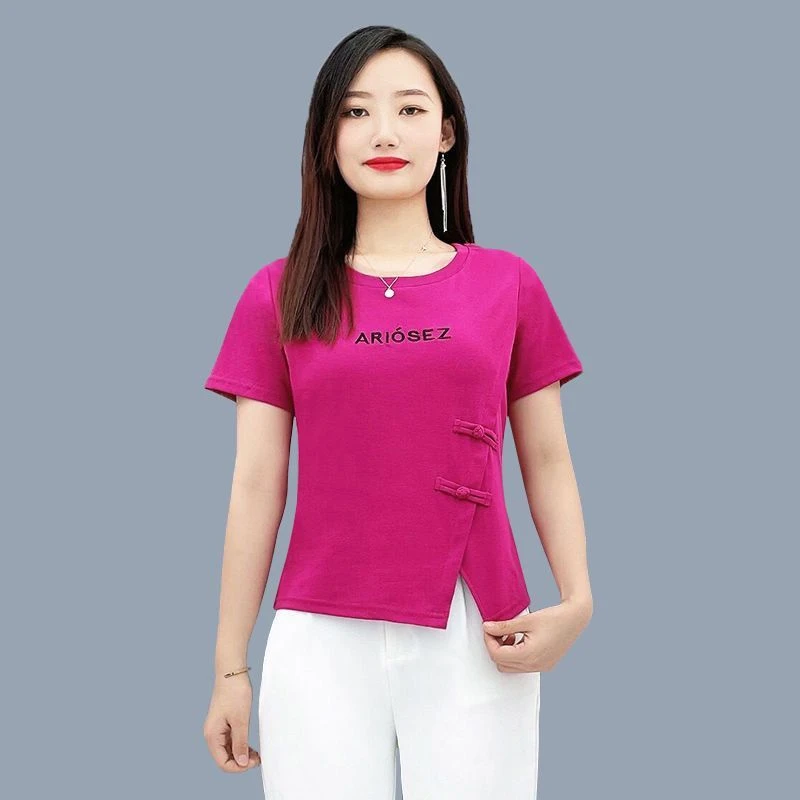 2025夏季圆领t恤女士短袖上衣国风休闲百搭减龄中年妈妈小衫