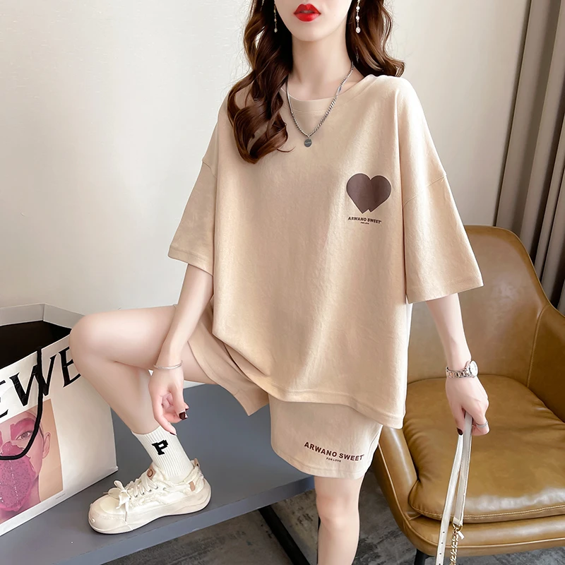运动套装女夏季2025年新款时尚宽松纯棉短袖t恤短裤休闲服两件套