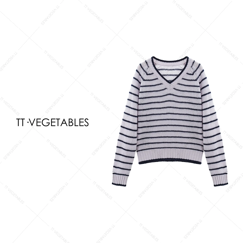 噢芬/小个子【雀翎】绵羊毛重工t条纹V领毛衣女软糯上衣521920
