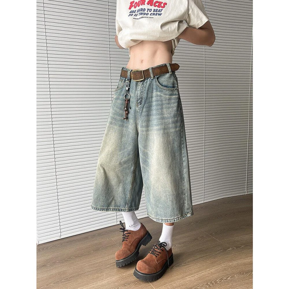 美式复古牛仔短裤男款夏季水洗做旧中裤潮牌高街宽松直筒七分裤子