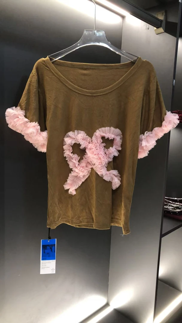 街头风短袖短款印花纱网拼接T恤潮牌女休闲英伦风