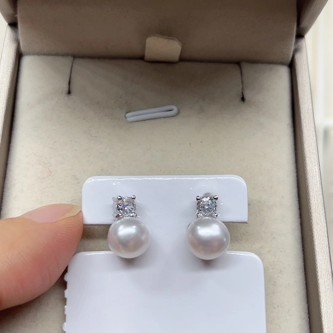 锆石合金银针淡水珠耳钉8+mm
