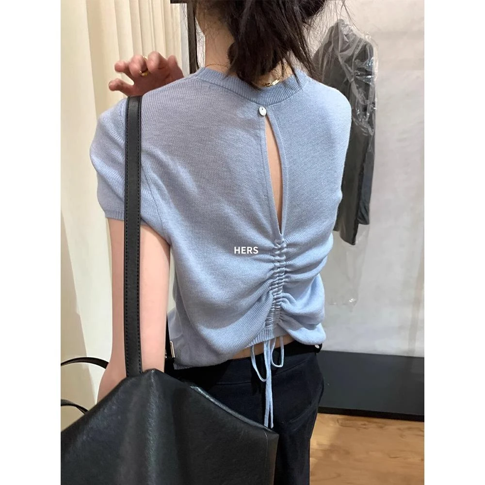 纯欲风镂空抽绳蓝色正肩针织短袖T恤女夏季洋气显瘦露背短款上衣