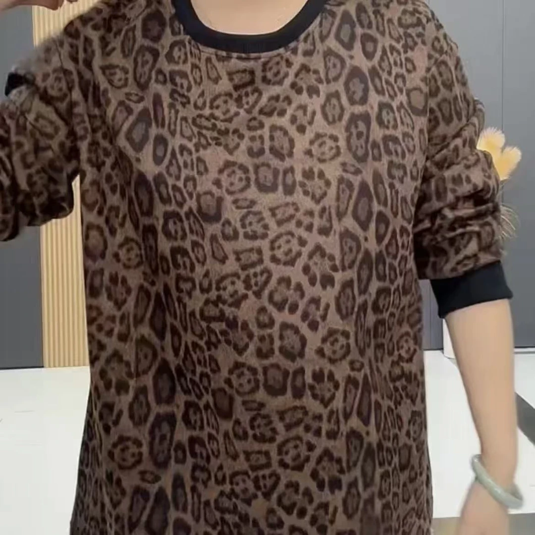 影5912新款圆领豹纹宽松显瘦长袖卫衣