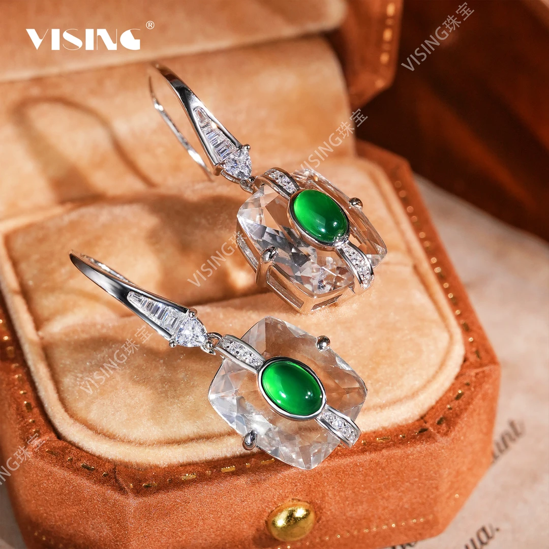VISING天然白水晶绿玉髓蛋面设计款鸽子蛋耳坠耳环耳饰国风