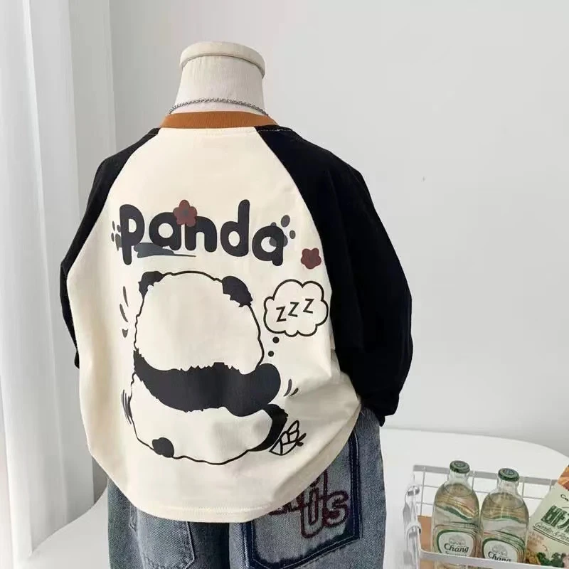 2025儿童韩版撞色字母印花春季新款男女童熊猫打底T恤