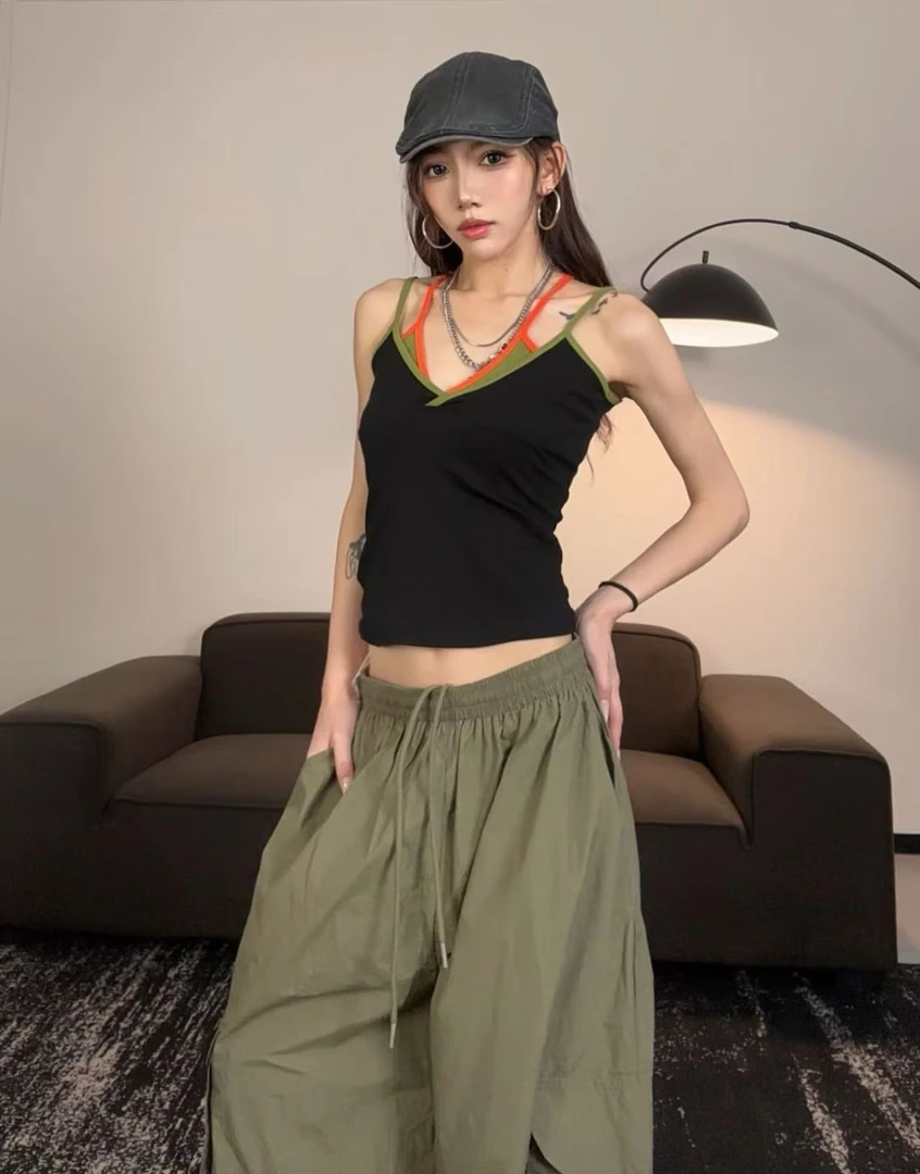 美式复古撞色假两件吊带背心女夏外穿设计修身显瘦短款上衣