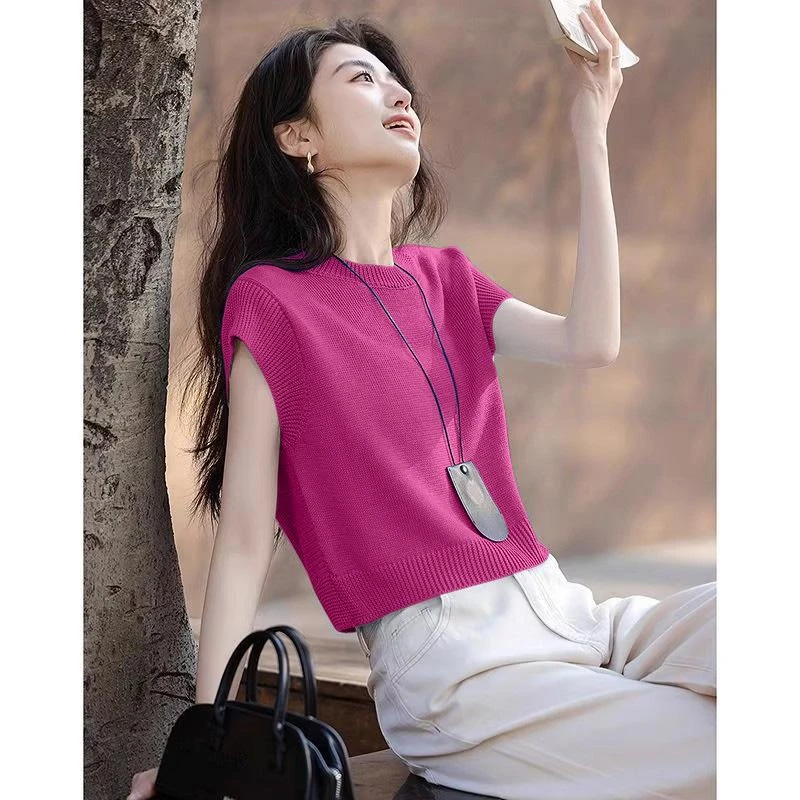 夏季新款2025薄款纯色修身遮肉短袖针织衫圆领感百搭上衣女小众