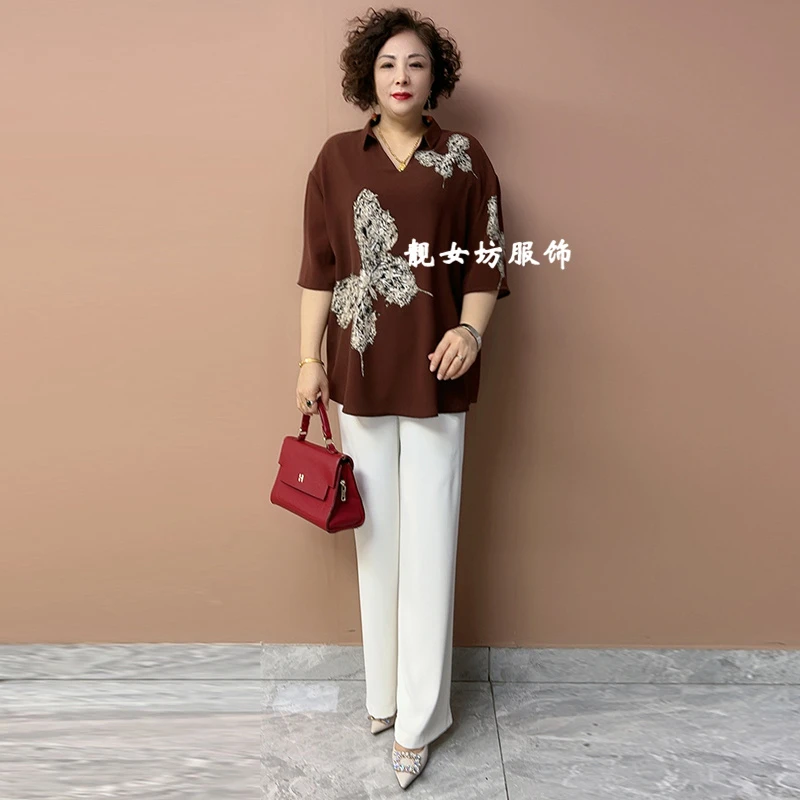 V领上衣夏季新款阔版宽松大码200斤T恤衫休闲百搭洋气胖妈妈衬衣