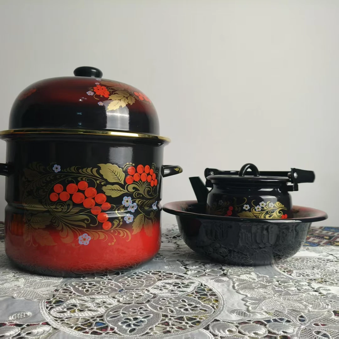 【新疆包邮】kara kizil bir yurux 黑红花纹三件套不锈钢蒸锅高档