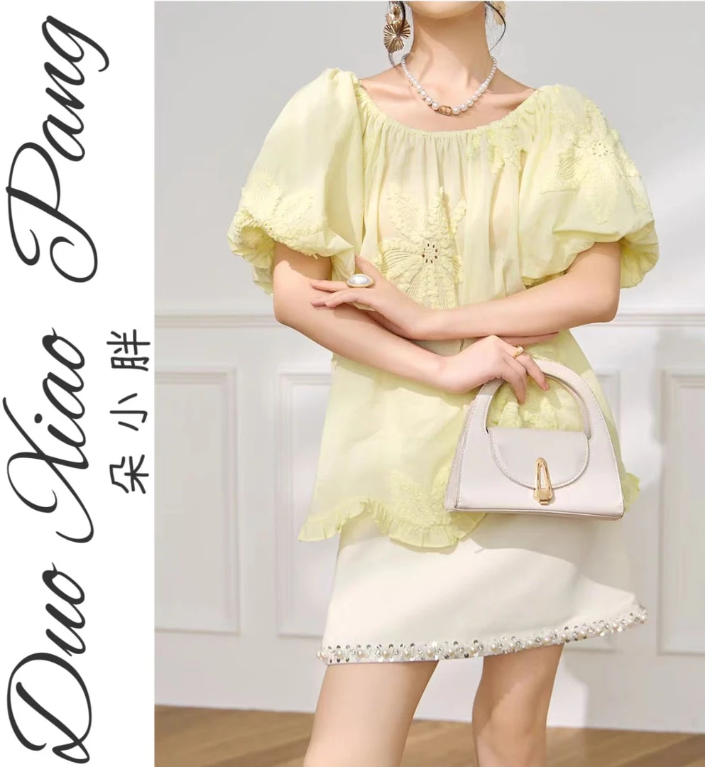 法式圆领一字肩泡泡袖显瘦上衣夏季大码洋气宽松短袖衬衫女3022