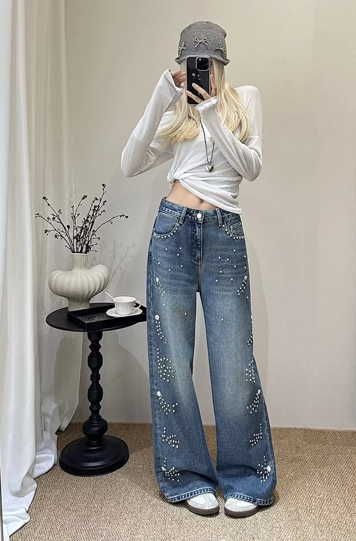 『XIONGX』秋冬加绒亮片窄版阔腿高腰显瘦宽松辣妹不贴腿直筒裤