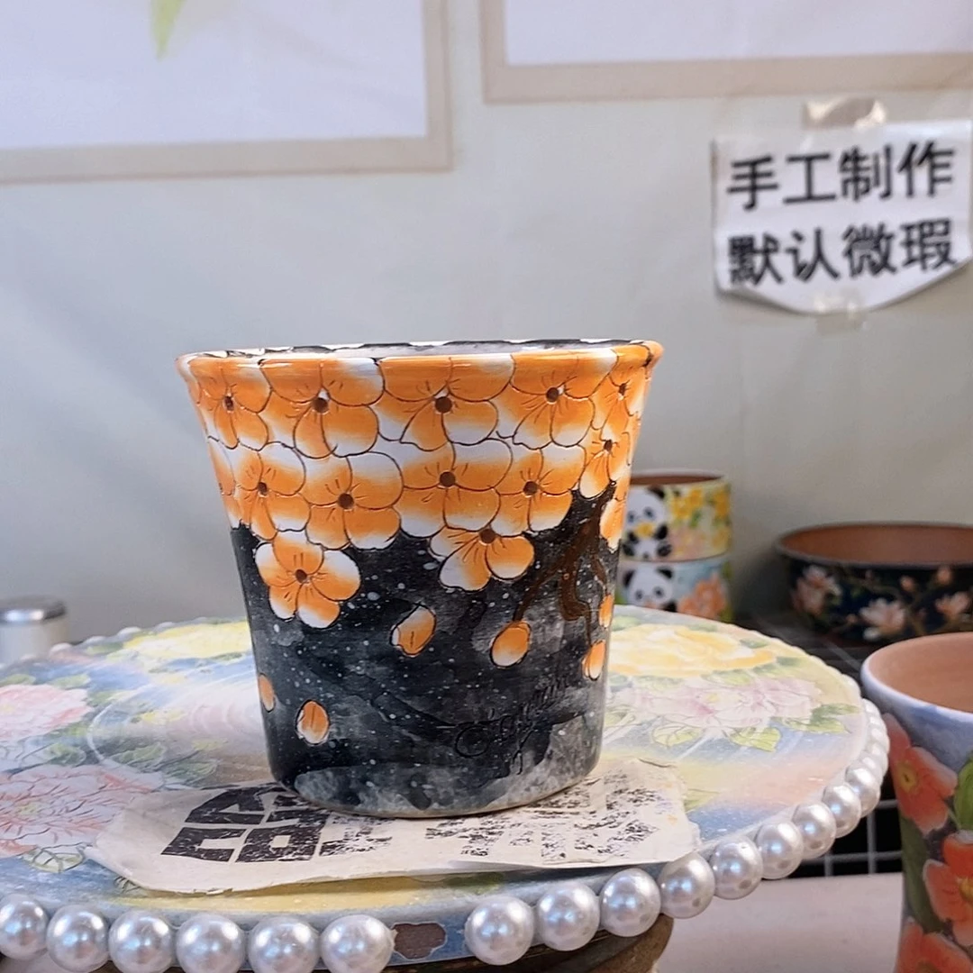 紫砂花盆红陶手绘花盆