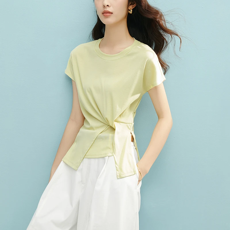 晚白【新品】2025奶黄色莱赛尔上衣圆领显白短袖女25031110