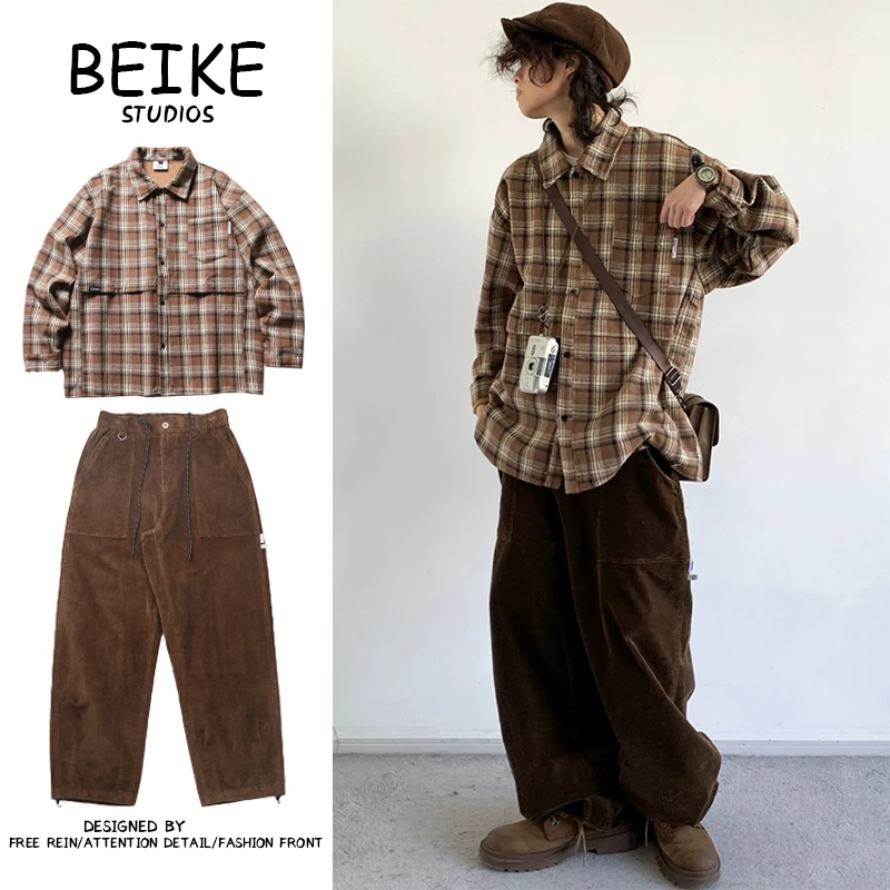 两件装/单件春秋复古格纹衬衫男女宽松长袖穿搭秋冬一套男生套装