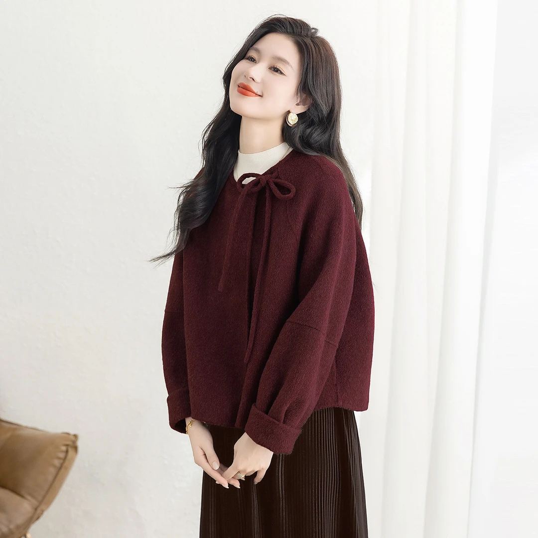 丝柏舍2025秋装新款女装纯色圆领简约绵羊毛双面呢外套S53B4392A