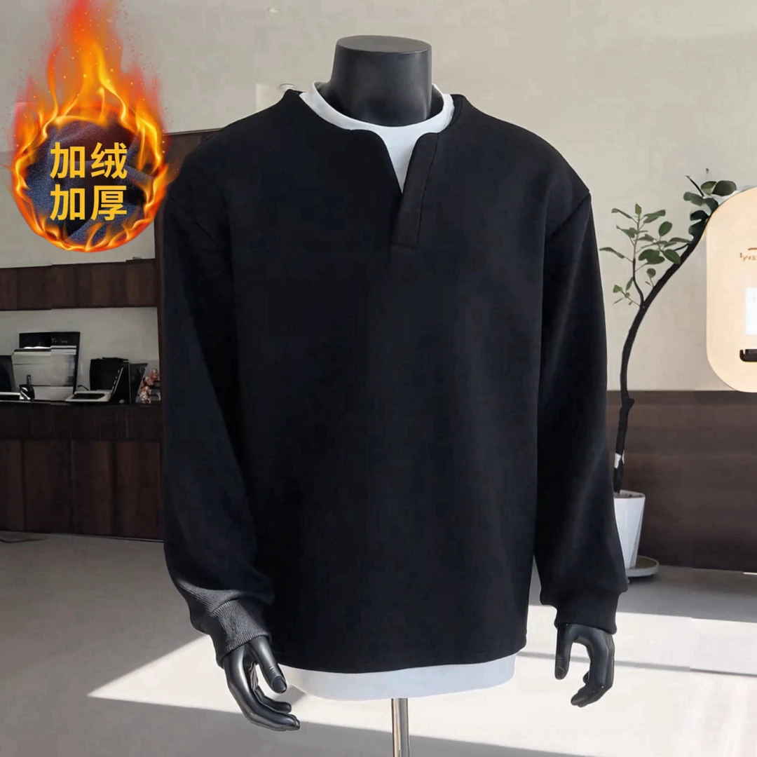秋冬爆款加绒肌理感假两件V领卫衣男高档简约宽松百搭休闲打底衫