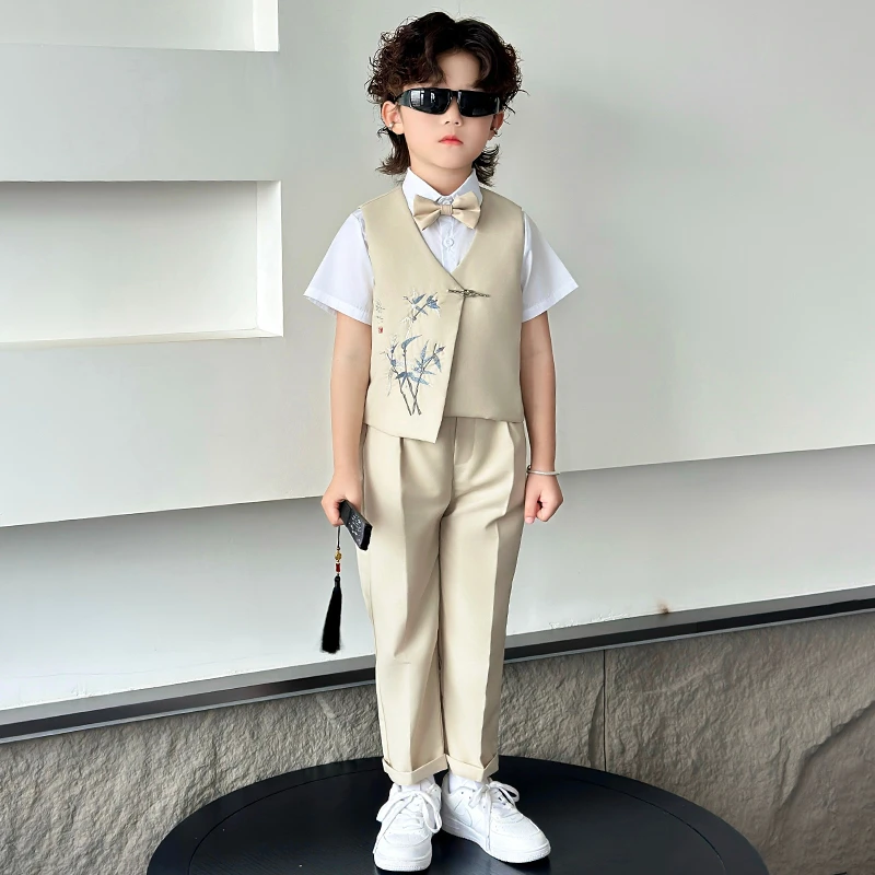 国风男童汉服套装夏季儿童新中式礼服唐装男孩主持人走秀演出服装
