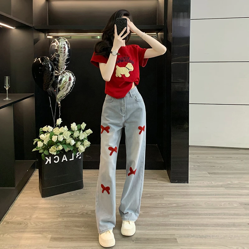 夏季新款时尚个性短款短袖T恤搭配潮牌高腰牛仔阔腿长裤套装女