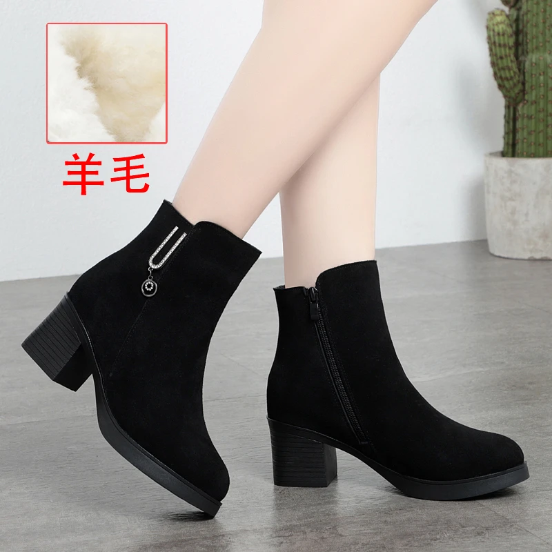 绵羊毛一体雪地靴真皮高跟棉靴秋冬加绒加厚保暖中跟防滑厚底短靴