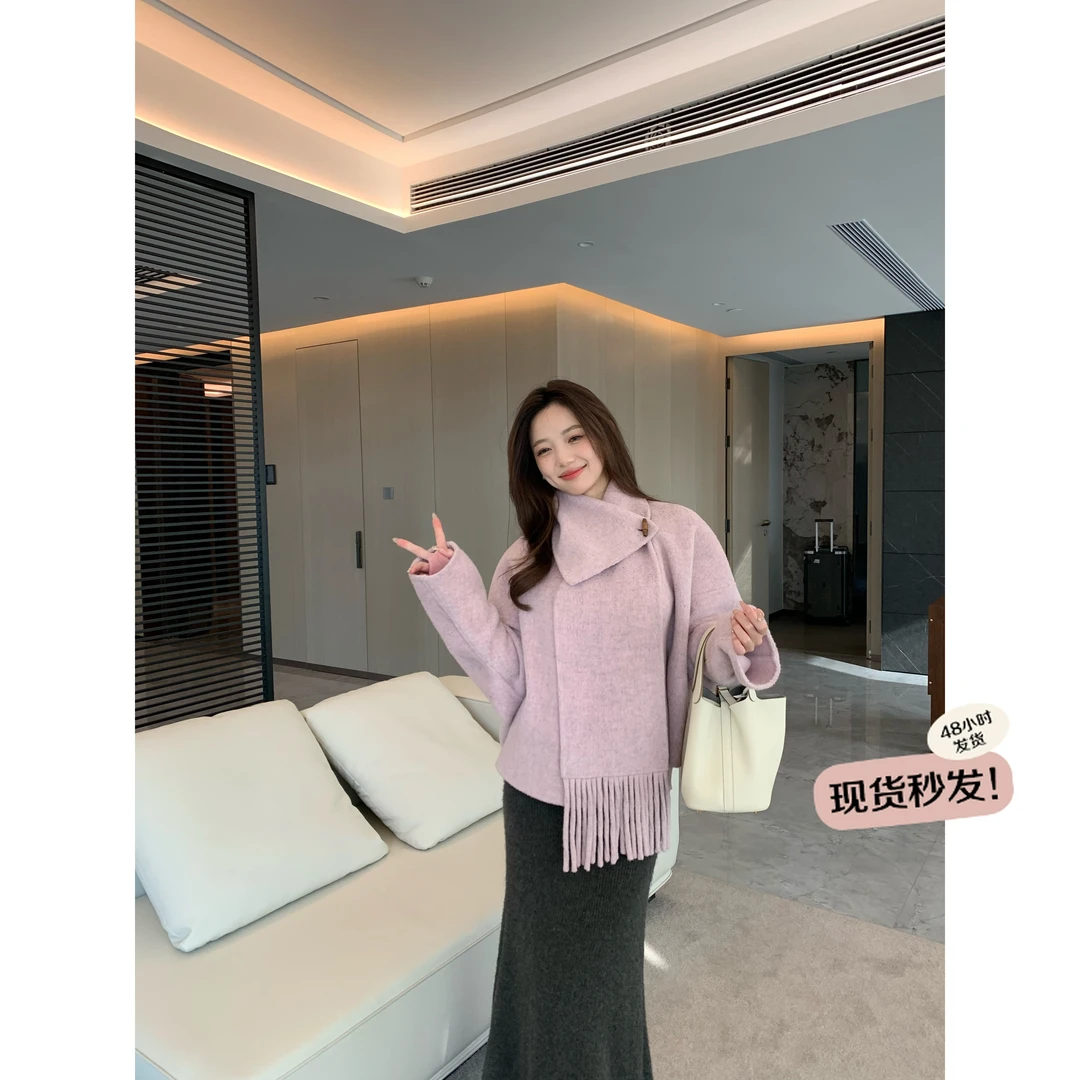万万不熬夜【甜美小调】绵羊毛双面呢大衣带围巾女短款冬季厚外套