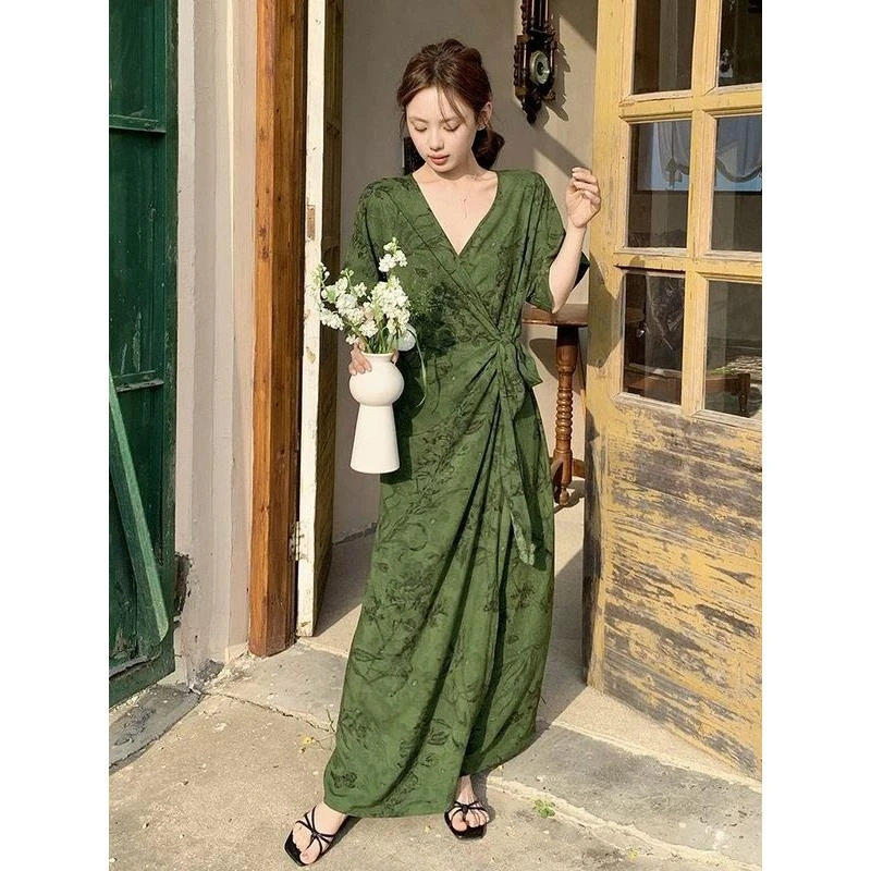 2025新款连衣裙一片式裹裙加长宽到脚踝长裙睡裙夏季短袖可外穿