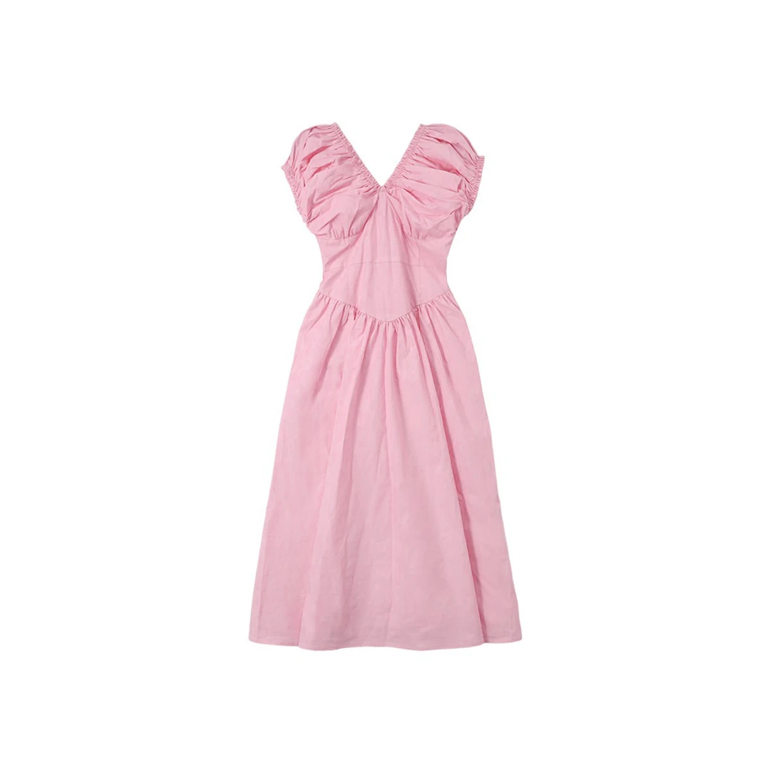 【梦中粉裙】水天丝棉气质赫本风V领飞飞袖法式连衣裙W23AZ286