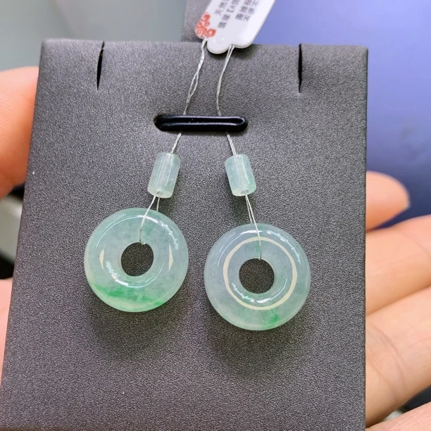 缅甸天然翡翠A货冰飘绿甜甜圈一对A207#