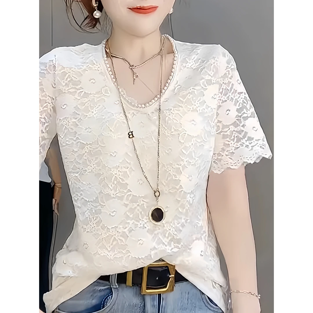 白色镂空蕾丝短袖T恤衫女2025夏季新款修身显瘦胖mm气质休闲上衣