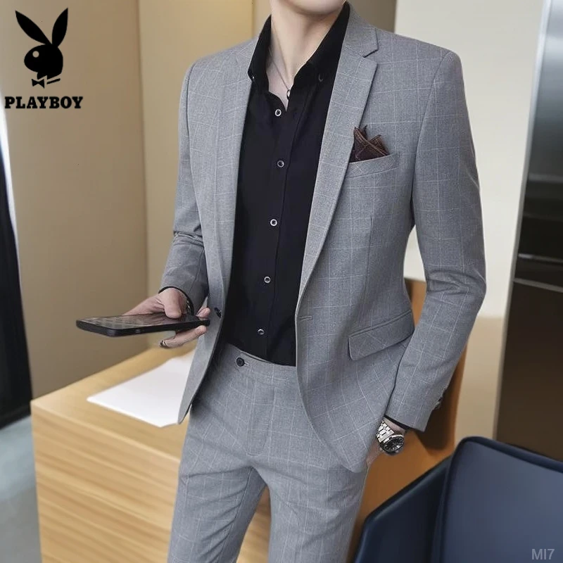 花花公子休闲西装时尚格子西服套装男士春秋季搭配新款帅气一套