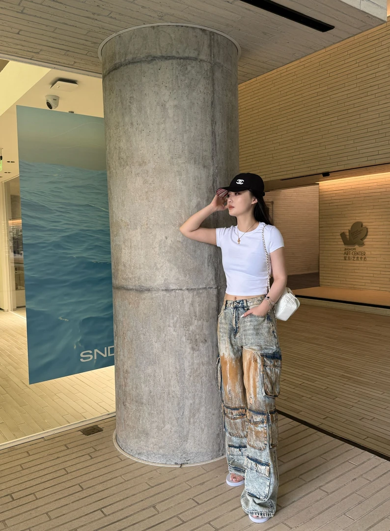 美式复古高街辣妹口袋工装牛仔裤25BL2505