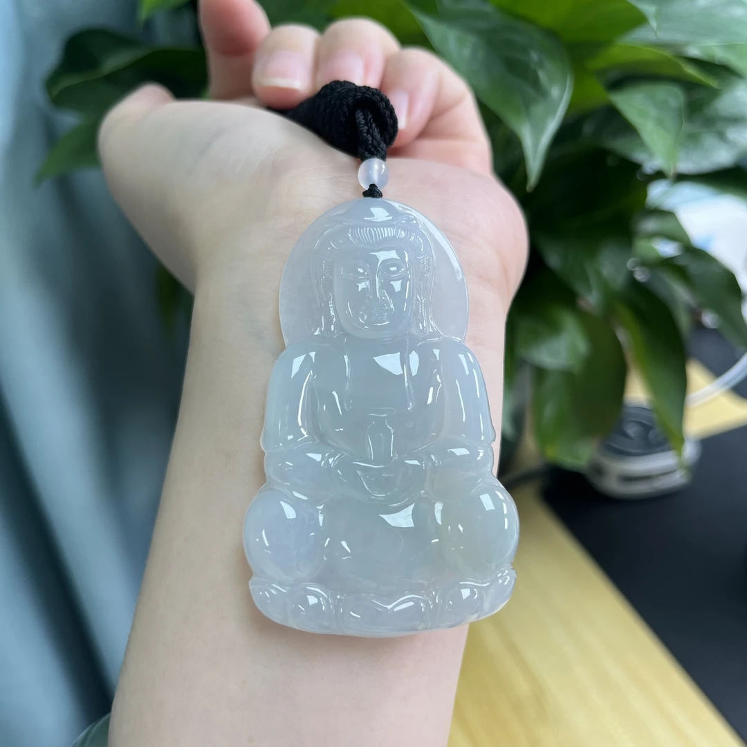 天然缅甸翡翠A货冰胶正装大观音玉质细腻油润天然翡翠观音吊坠