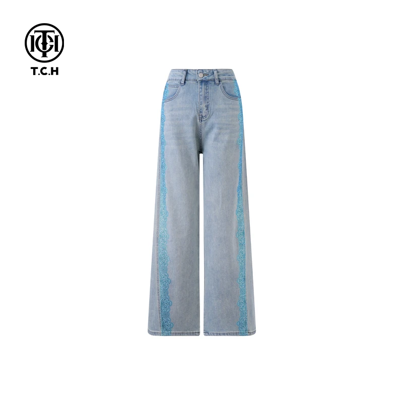 -TCH新款2025设计烫钻花边牛仔裤女士T750E5051休闲裤蓝色