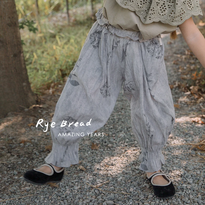 ryebread/黑面包童装 复古印花女小童花苞束脚防蚊休闲裤5夏