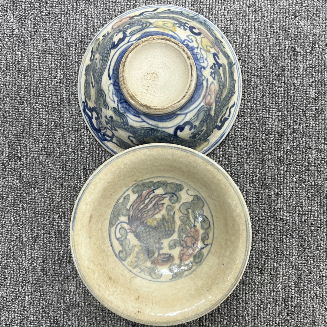 龙凤青花五彩陶瓷碗手绘