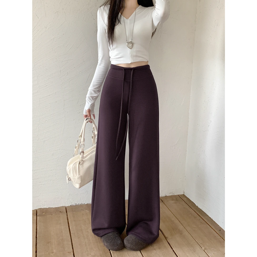 9211不贴腿休闲裤女秋季垂感直筒裤显瘦宽松阔腿裤百搭紫色拖地裤