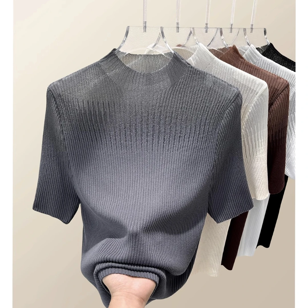 夏季修身薄款镂空上衣女装韩系穿搭新款半高领网纱蕾丝短袖针织衫