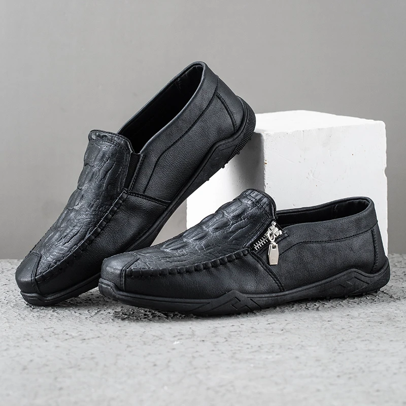2025年秋季新款潮流休闲鳄鱼纹豆豆皮鞋韩版驾车百搭拉链乐福男鞋