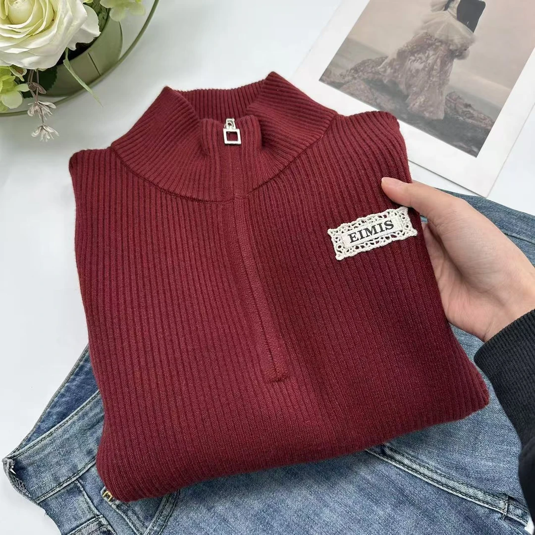 飞飞家 欧洲站订单！冬款复古简约翻领正肩显瘦针织衫Y5722红
