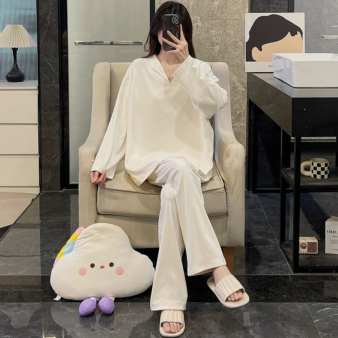 睡衣女秋冬季大码德绒高级感2025新款加厚春秋长袖浅杏家居服套装