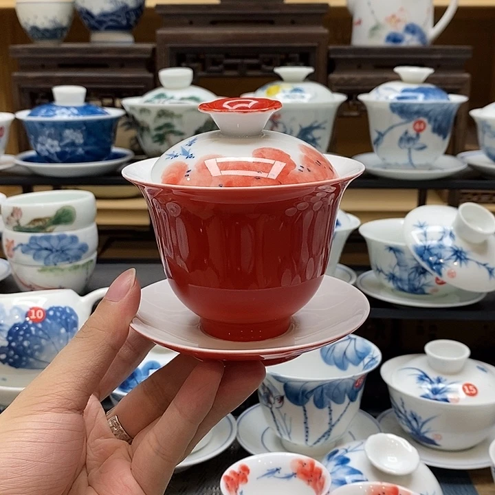 手绘龙船花盖碗160cc釉下彩高温瓷微瑕福利款