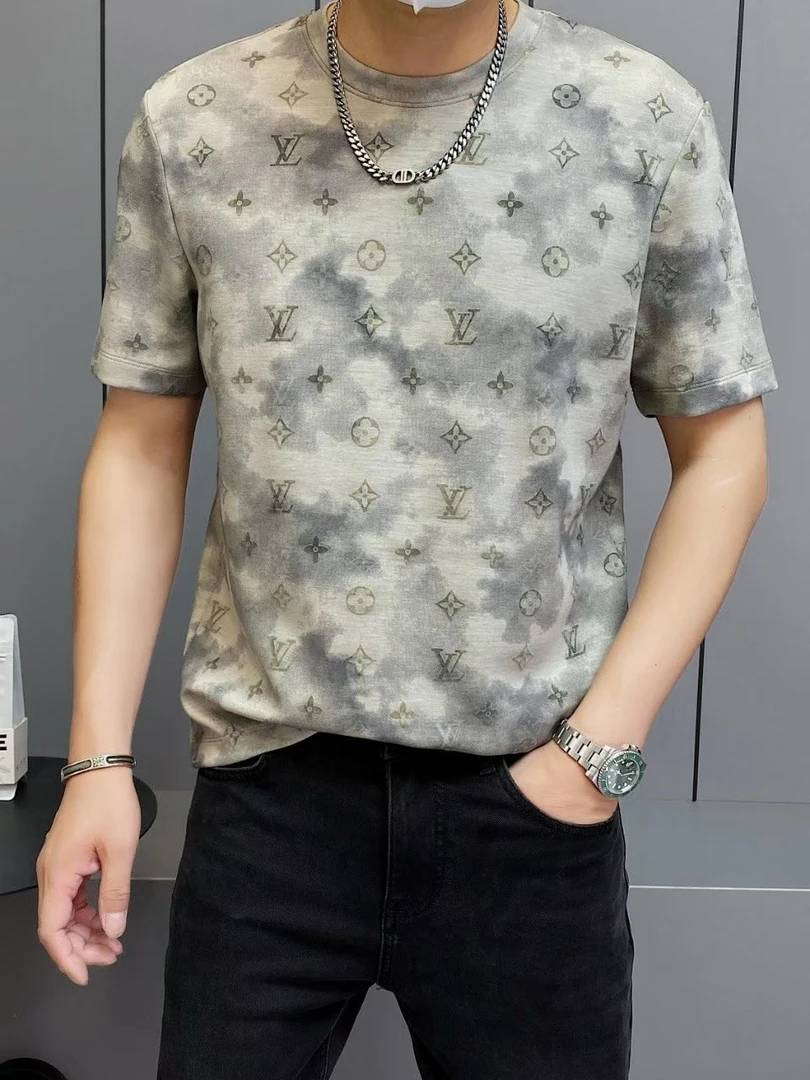 帅气修身短袖宽松满印花男士秋季T恤韩版圆领扎染