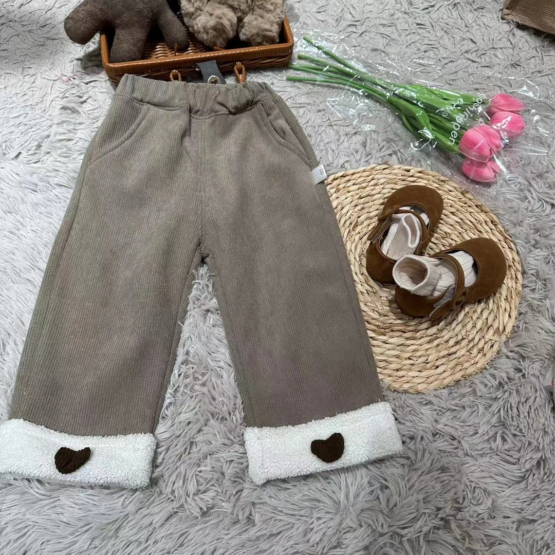 39022儿童一体绒阔腿裤女小童简约裤子外穿加厚女童加绒长裤时尚