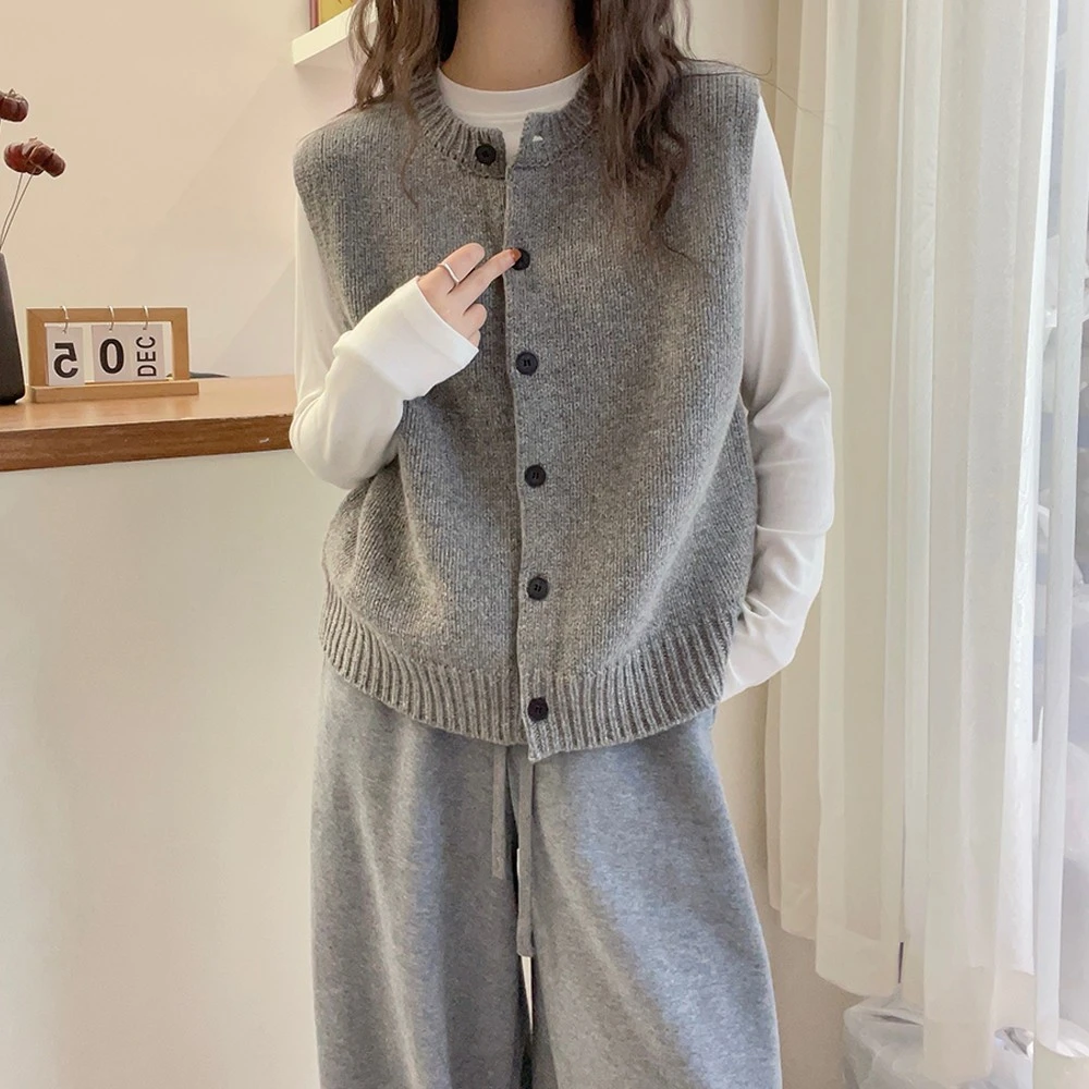 春秋薄款宽松纽扣开衫毛衣无袖纯色减龄休闲复古潮流马甲显瘦上衣