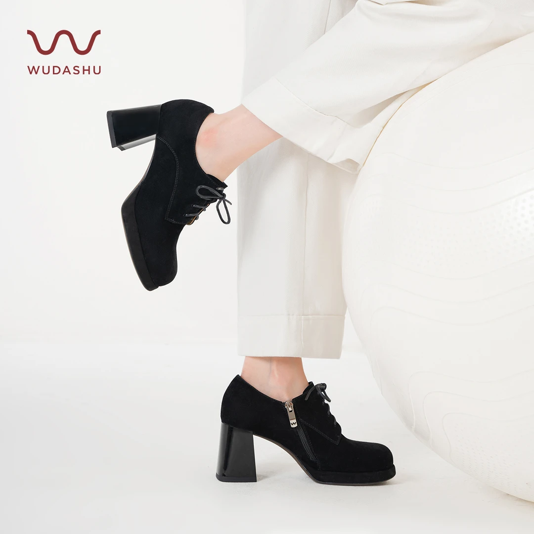 吴大叔法式粗跟系带深口羊猄绒面高跟防水台单鞋女鞋