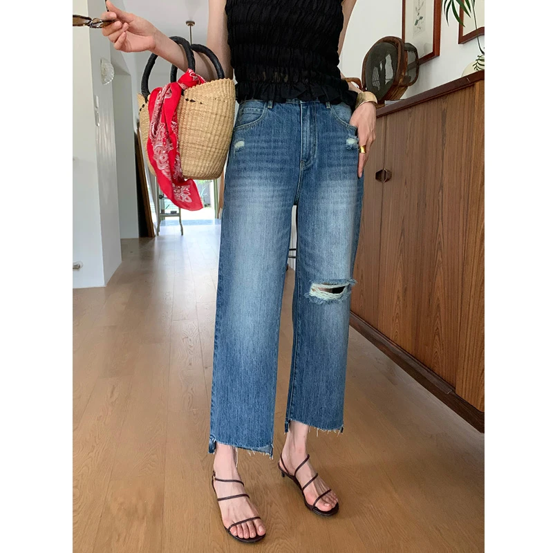 【ALONE SAVOR】龍喜儿 漫步者  高腰直筒破洞牛仔裤J173