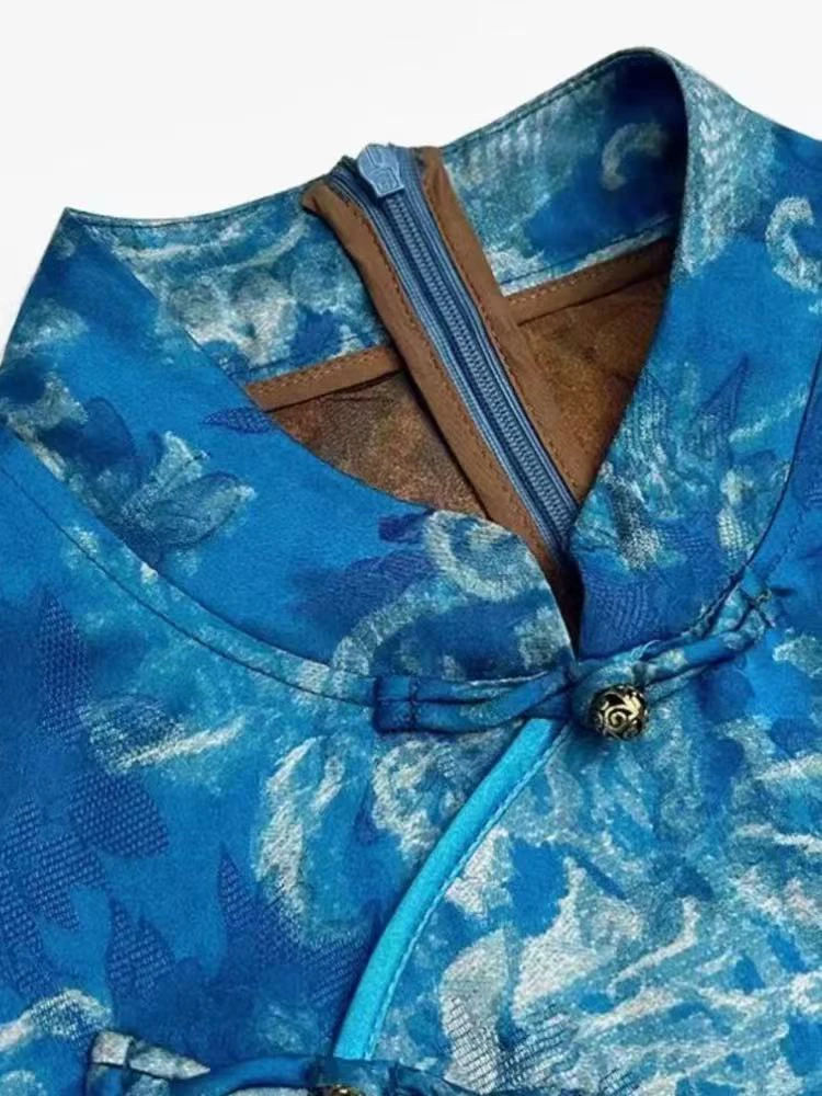 时尚常规款碎花新中式斜领提花双层彩绘上衣