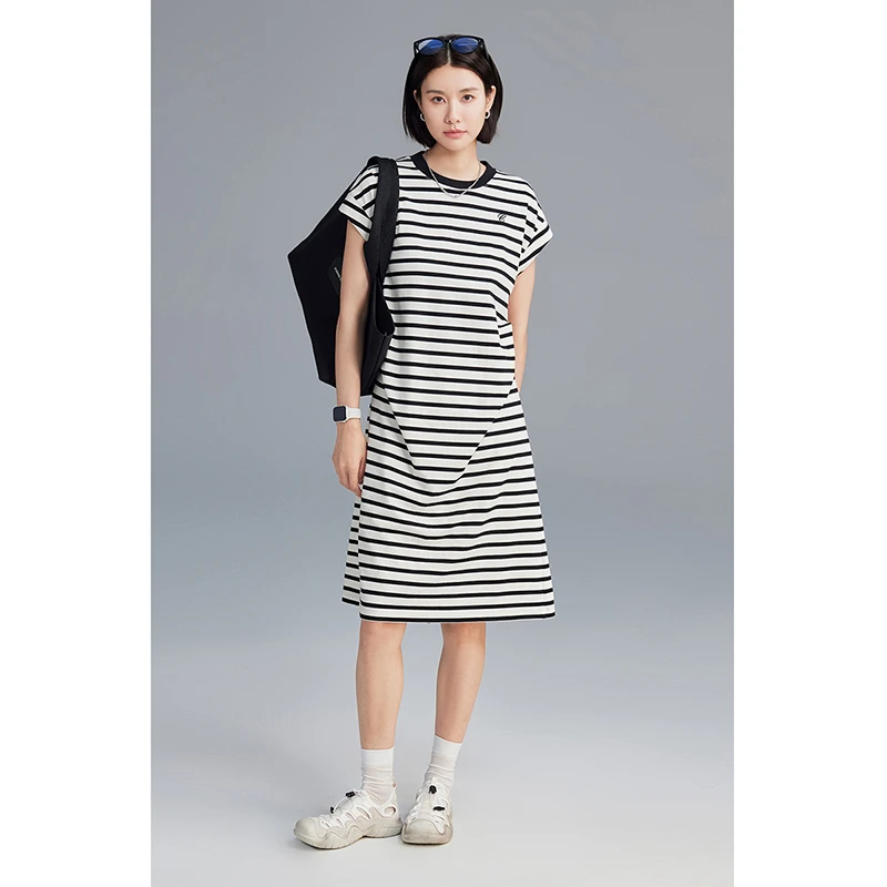 CLOUDSPACE/云上生活【条纹律动】打褶连肩袖连衣裙中长裙子夏季女